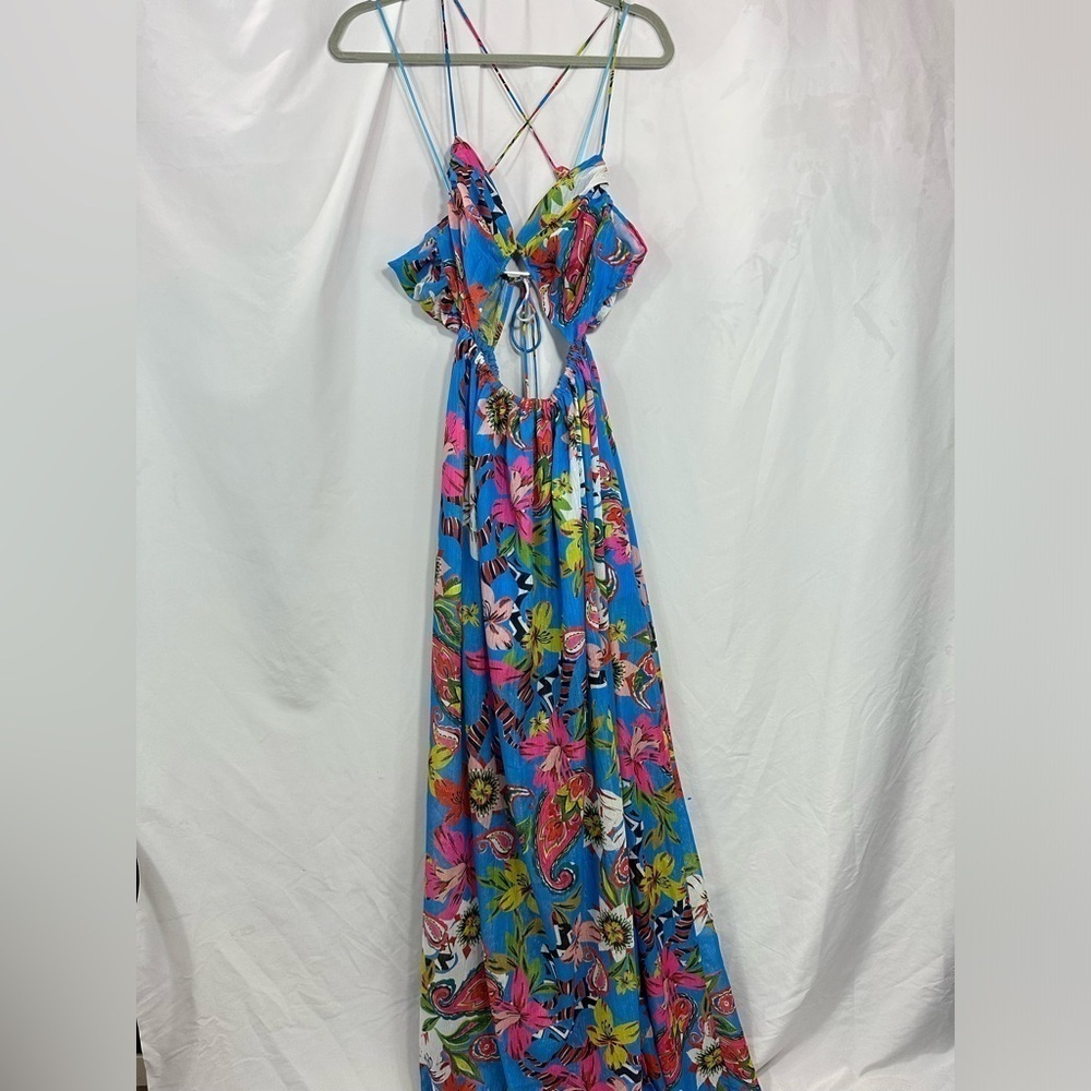 Fashion Nova Rio tropical blue floral maxi dress with leg slit size S - Picture 3 of 10